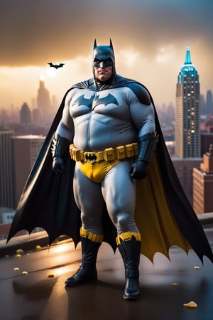 Craft an elaborate and hilarious image of batman, unexpectedly transformed into an extremely obese and comical superhero,rain chips, Enrich the scene with a ghotam city background night ,perhaps showcasing befuddled onlookers or other Marvel characters reacting with surprise. Ensure bat man retains the iconic costume, and let the entire composition radiate with humor in this uniquely amusing superhero moment.,photo r3al,v0ng44g,make_3d,aw0k euphoric style,batmanwholaughs,aesthetic portrait