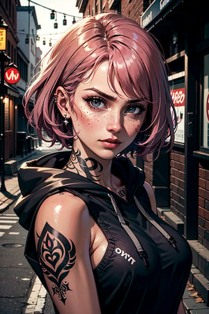 ((Masterpiece)), ((best quality)), ((masterpiece)), (detailed), 1girl, hoodie, arm tattoo, portrait, asymmetrical bangs, bandaid, short hair, bangs, breasts, freckles, grey eyes, large breasts, looking at viewer, neck tattoo, nose piercing, pink hair, solo, tattoo on face, upper body, detailed background, town, alley, dark alley, portrait, hood on head, night, angry, close up, closed mouth, ((masterpiece)), absurdres