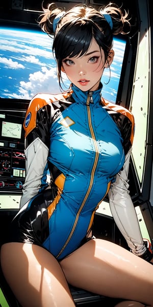 chun li  pilot in spacecraft cockpit in mega-detail suit, she grabbed the pilot stick control, sat down, and rejoined the sophisticated hyper control panel with a dial, Buttons and levers, Cyberpunk Visor, High-tech graphics throughout the outfit, Best quality at best, ​masterpiece, sexy poses, perfect body figure nijistyle,nijistyle