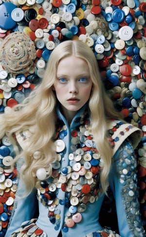 A stylish woman with long blonde hair and blue eyes, wearing a unique outfit made of piles of buttons of clothes of various sizes and colors, weird fashion, weird and beautiful, themed fashion style, photo magazine, (by Tim Walker & Alexander McQueen & Iris van Herpen), surreal photography, high contrast, featured on Vogue, indoor studio, artistic details, high resolution