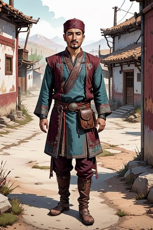 portrait of Male turkic villager standing with maroon and dark folkloric clothes on a round stone road, full shot (FS), ((full body with legs)), standing, looking straight, | (white background:1.2), simple background |, pastel colors, digital art, 8K resolution, ultra quality, Watercolor, trending on artstation, intricate details, highly detailed, greg rutkowski, Comic Book-Style 2d