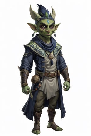 portrait of Male greenskin short goblin shaman wears gray and navy clothes, full shot (FS), ((full body with legs)), standing, looking straight, | (white background:1.2), simple background |, muted colors, digital art, 8K resolution, ultra quality, Watercolor, trending on artstation, intricate details, highly detailed, greg rutkowski