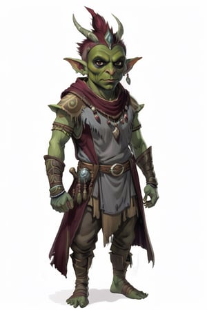 portrait of Male greenskin short goblin shaman wears gray and maroon clothes, full shot (FS), ((full body with legs)), standing, looking straight, | (white background:1.2), simple background |, muted colors, digital art, 8K resolution, ultra quality, Watercolor, trending on artstation, intricate details, highly detailed, greg rutkowski