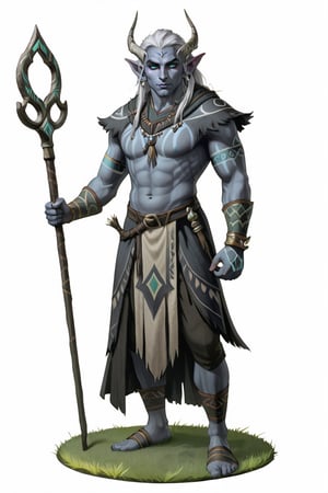 portrait of male drow elf shaman with tribal tattoes holding staff, standing on grass on round stone pavement, full shot (FS), ((full body with legs)), standing, looking straight, | (white background:1.2), simple background |, medieval, pastel muted colors, digital art, 8K resolution, ultra quality, trending on artstation, intricate details