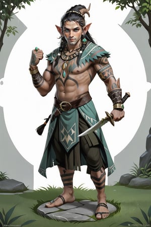 portrait of male elf shaman with tribal tattoes holding knife, standing on grass on round stone pavement, full shot (FS), ((full body with legs)), standing, looking straight, | (white background:1.2), simple background |, medieval, pastel muted colors, digital art, 8K resolution, ultra quality, trending on artstation, intricate details