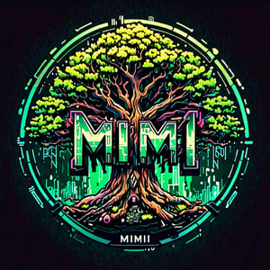 cyberpunk logo of the Oak tree with text "MIMI", colourful, ,Text