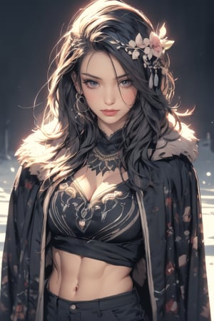 4k,best quality,masterpiece,20yo 1girl,(black suit and pants, alluring smile, head ornaments 

(Beautiful and detailed eyes),
Detailed face, detailed eyes, double eyelids ,thin face, real hands, muscular fit body, semi visible abs, ((short hair with long locks:1.2)), black hair, aurora background, painted brush ink background


real person, color splash style photo,
