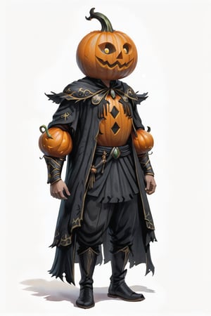 portrait of pumpkin head pumpkin body wooden shaman with halloween orange black pumpkin clothes, full shot (FS), ((full body with legs)), standing, looking straight, | (white background:1.2), simple background |, medieval, pastel muted colors, digital art, 8K resolution, ultra quality, Watercolor, trending on artstation, intricate details, highly detailed