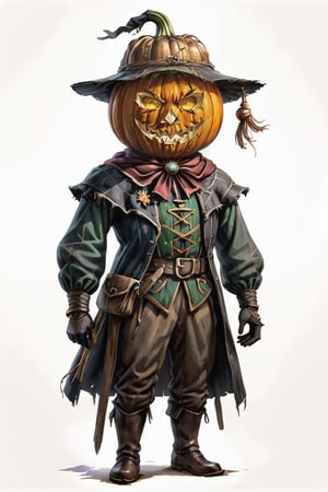 portrait of pumpkin head wooden scarecrow, (warm filter:1.5) full shot (FS), standing, looking straight, | (white background:1.2), simple background |, medieval, pastel muted colors, digital art, 8K resolution, ultra quality, Watercolor, trending on artstation, intricate details, highly detailed