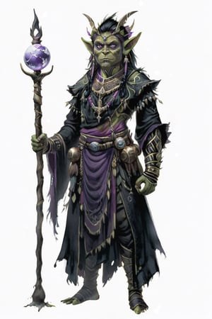 Portrait of goblin shaman black and purple folkloric clothes holding earth staff, full shot (FS), ((full body with legs)), standing, looking straight, | (white background:1.2), simple background |, muted colors, digital art, 8K resolution, ultra quality, Watercolor, trending on artstation, intricate details, highly detailed, greg rutkowski