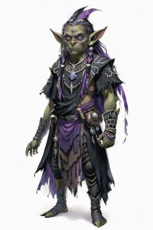 Portrait of goblin shaman black and purple folkloric clothes, gray hair, full shot (FS), ((full body with legs)), standing, looking straight, | (white background:1.2), simple background |, muted colors, digital art, 8K resolution, ultra quality, Watercolor, trending on artstation, intricate details, highly detailed, greg rutkowski
