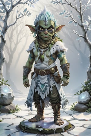 portrait of Male greenskin short goblin shaman wears frost clothes standing on round stone pavement, (frost aura:1.5) full shot (FS), ((full body with legs)), standing, looking straight, | (white background:1.2), simple background |, muted colors, digital art, 8K resolution, ultra quality, Watercolor, trending on artstation, intricate details, highly detailed