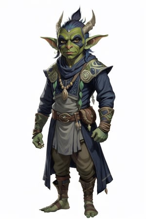 portrait of Male greenskin short goblin shaman wears gray and navy clothes, full shot (FS), ((full body with legs)), standing, looking straight, | (white background:1.2), simple background |, muted colors, digital art, 8K resolution, ultra quality, Watercolor, trending on artstation, intricate details, highly detailed, greg rutkowski