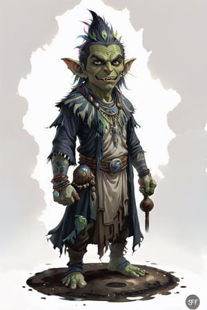 portrait of male goblin shaman standing on round dirt pavement, full shot (FS), | (white background:1.2), simple background |, muted colors, digital art, 8K resolution, ultra quality, Watercolor, trending on artstation, intricate details, highly detailed, by kerem beyit,portraitart,stworki
