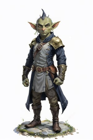 portrait of Male goblin warrior standing with navy and gray clothes on a round stone road, full shot (FS), ((full body with legs)), standing, looking straight, | (white background:1.2), simple background |, pastel colors, digital art, 8K resolution, ultra quality, Watercolor, trending on artstation, intricate details, highly detailed, greg rutkowski