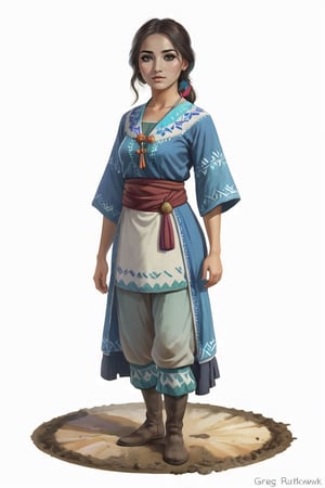 portrait of turkic female villager standing on round dirt pavement, full shot (FS), ((full body with legs)), standing, looking straight, | (white background:1.2), simple background |, muted colors, digital art, 8K resolution, ultra quality, Watercolor, trending on artstation, intricate details, highly detailed, greg rutkowski
