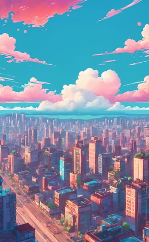 BohoStyle cityscape, cloud, blue sky, intricate, colorful, high_res, 8k unity wallpaper,vaporwave style