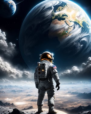Stormy planet, view from space, digital art, digital painting, illustration, 4k,
Envision an astronaut gazing upon Earth from the surface of the moon, capturing the isolation and awe of space exploration against the backdrop of our planet