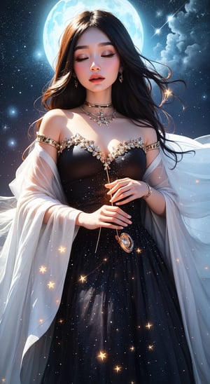  Create an ethereal beauty adorned with constellations, radiating the tranquil energy of the cosmos as she weaves stardust into melodies that soothe the universe