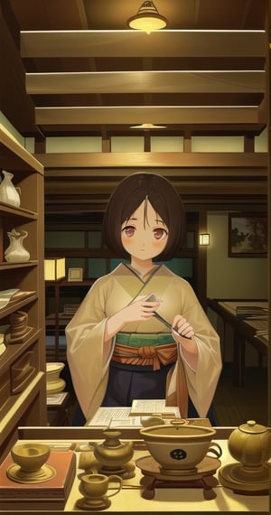 "Write a short story or description about a young Japanese girl who discovers a hidden world in her grandmother's attic filled with antique treasures and mysterious artifacts."