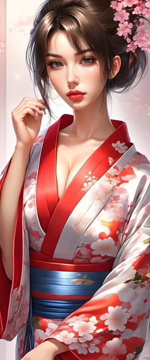 (Best quality, masterpiece), realistic, 1girl, better hands, better fingers, detailed skin, petite figure,((action packed)), fitness body,
a Japanese girl in an open kimono under which a young strong chest is visible, Open kimono, huge breasts, ((cleavage)), sexy lips, erotic expression 