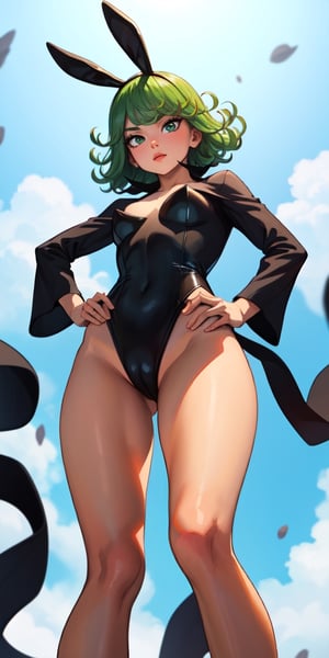 masterpiece, best quality, high resolution, 1 girl, tatsumaki, standing, hands on hips, small tits, looking at viewer, playboy_bunny_leotard,(from below:1.3), TatsumakiOPM, perfecteyes,SAM YANG,High detailed ,