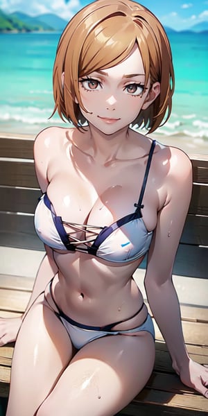 ((best quality)), ((highly detailed)), masterpiece, ((official art)), detailed face, beautiful face, (detailed eyes, deep eyes), (cowboy photo), nobara kugisaki, brown eyes, white bikini, medium chest, smile, landscape, outdoors, beach, intricately detailed, hyper detailed, blurred background, depth of field, best quality, masterpiece, intricate details, sitting, upper body, from above, cleavage, boobs, wet, hands resting on bench, sitting on bench, looking at viewer, curves, nsfw, tone mapping, sharp focus, hyper detailed, Trending on Artstation, 1 girl, high resolution, cross lace bikini