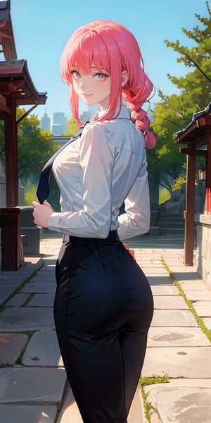 (masterpiece, best quality:1.4), solo, looking at viewer, cowboy shot, smile, makima, ringed eyes, long hair, bangs, braided ponytail, sidelocks, collared shirt, necktie, black pants, arms behind back,, outdoors, blue sky, shrine, stone floor, skyline, ,round ass