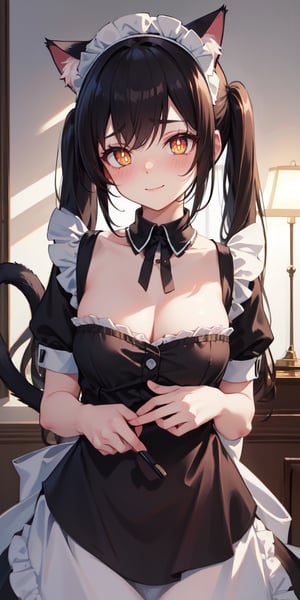 (best quality:1.1), (masterpiece:1.4), (absurdres:1.0), (cute illustration:1.4), portrait, 1girl, (cat ears:1.2), (cat tail:1.2), (intricate Maid Dress:1.4), maid, maid headdress, absurdly long hair, twintails, (slit pupils:1.4), (yellow eyes:1.1), black hair, huge mansion, (blush:1.2), (large eyes), looking at viewer, small breasts, bell collar, bright smile, (Directional lighting:1.2), detailed soft shadow, nsfw, tits
