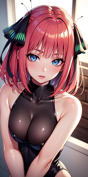 ninonakano, 1girl, short hair, bangs, blue eyes, hair ornament, hair ribbon, pink hair, blunt bangs, butterfly hair ornament,  looking at viewer, (masterpiece:1.2), best quality, high resolution, unity 8k wallpaper, (illustration:0.8), (beautiful detailed eyes:1.6), extremely detailed face, perfect lighting, extremely detailed CG, (perfect hands, perfect anatomy), playboy_bunny_leotard, large boobs, portrait

