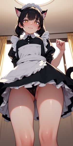 (best quality:1.1), (masterpiece:1.4), (absurdres:1.0), (cute illustration:1.4), portrait, 1girl, (cat ears:1.2), (cat tail:1.2), (intricate Maid Dress:1.4), maid, maid headdress, absurdly long hair, twintails, (slit pupils:1.4), (yellow eyes:1.1), black hair, huge mansion, (blush:1.2), (large eyes), looking at viewer, small breasts, bell collar, bright smile, (Directional lighting:1.2), detailed soft shadow, nsfw, from behind, ass, (from below: 1.3)
