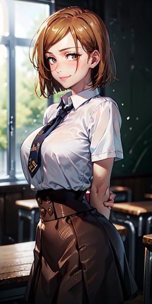 ((best quality)), ((highly detailed)), masterpiece, ((official art)), detailed face, beautiful face, (detailed eyes, deep eyes), (cowboy photo), nobara kugisaki, brown eyes, (smile), (confident), (neck), schoolgirl, classroom, tie, skirt, (big breasts), ((narrow_waist)), (high-waist skirt:1.2), school uniform, tight shirt, pleated skirt , blush, arms behind the back, white shirt, tucked in shirt, cowboy shot, short sleeves, front view, upper body, intricately detailed, hyper detailed, blurred background, depth of field, best quality, masterpiece, intricate details, tone mapping, sharp focus, hyper detailed, trending on Artstation, 1 girl, high resolution, official art,