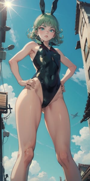 masterpiece, best quality, high resolution, 1 girl, tatsumaki, standing, hands on hips, small tits, looking at viewer, playboy_bunny_leotard,(from below:1.3), TatsumakiOPM, perfecteyes,SAM YANG,