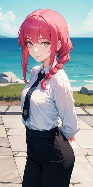 (masterpiece, best quality: 1.4), alone, looking at viewer, cowboy photo, smile, makima, ringed eyes, long hair, bangs, braided ponytail, side locks, collared shirt, tie, black pants, arms behind the back, outdoors, blue sky, sanctuary, stone floor, horizon, upper body, head on, from above, blurred background