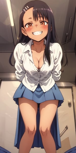 , nagatoro hayase, blue skirt, cleavage, small breasts, (from below:1.2), bent over, grin, blush, best quality, masterpiece, perfect lighting, arms behind back,
