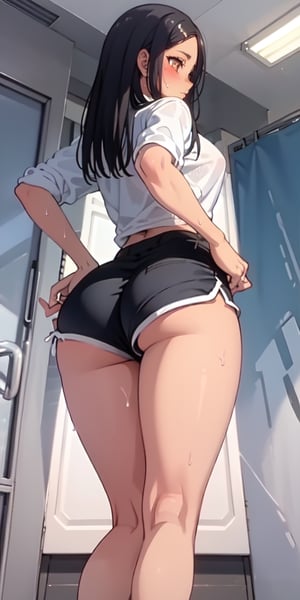 master piece, 1girl, dolphin shorts, black shorts, oversized shirt, long shirt, from below, sweat, masterpiece, best quality, highly detailed, big thighs, wide hips, hands on hip, from behind, nsfw