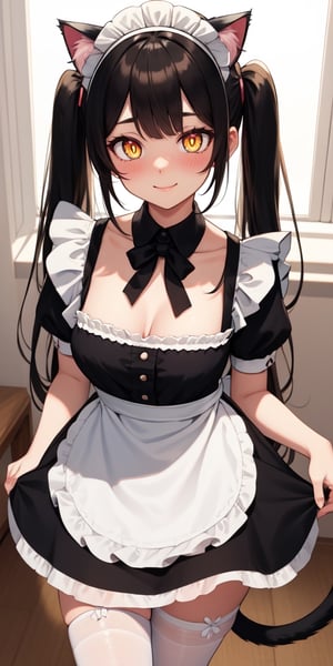 (best quality:1.1), (masterpiece:1.4), (absurdres:1.0), (cute illustration:1.4), portrait, 1girl, (cat ears:1.2), (cat tail:1.2), (intricate Maid Dress:1.4), maid, maid headdress, absurdly long hair, twintails, (slit pupils:1.4), (yellow eyes:1.1), black hair, huge mansion, (blush:1.2), (large eyes), looking at viewer, small breasts, bell collar, bright smile, (Directional lighting:1.2), detailed soft shadow,
