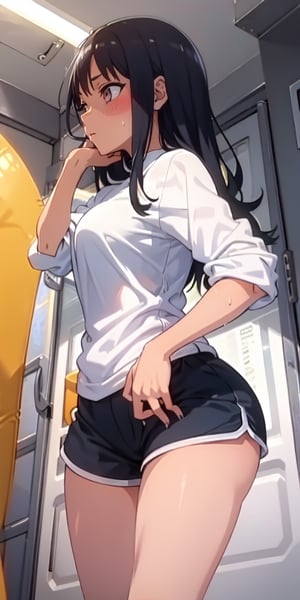 
1girl, dolphin shorts, black shorts, oversized shirt, long shirt, from below, sweat,, masterpiece, best quality, highly detailed