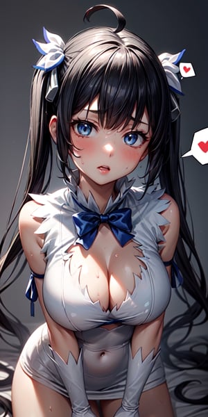 masterpiece,  beautiful,  extremely detailed face, ,,
(spoken hearts:1.2),(sweat:1.2),(deep breathe:1.2),,
1girl, female masturbation, solo, masturbation through clothes, , , , hand under shirt,
,, hestia (danmachi),, long hair, blue ribbon, twintails, gloves, ribbon, dress, rei no himo, large breasts, blue eyes, black hair, white gloves, cleavage, white dress, hair ribbon, bow, sleeveless, sleeveless dress, bangs, cleavage cutout, hair ornament, bowtie, clothing cutout, very long hair, covered navel, arm ribbon,