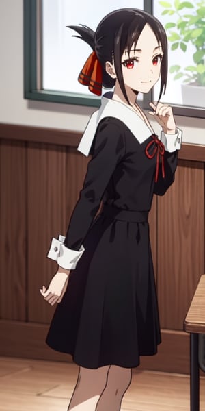 best quality, (masterpiece:1.2), detailed,
, shinomiya kaguya,
1girl, solo, closed mouth, light smile,
black hair, red eyes, short hair, folded ponytail, hair ribbon,
school uniform, black dress, long sleeves, red ribbon,
standing, looking at the viewer,
classroom