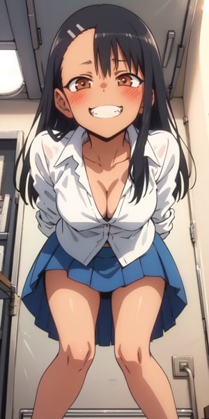 , nagatoro hayase, blue skirt, cleavage, small breasts, (from below:1.2), bent over, grin, blush, best quality, masterpiece, perfect lighting, arms behind back,