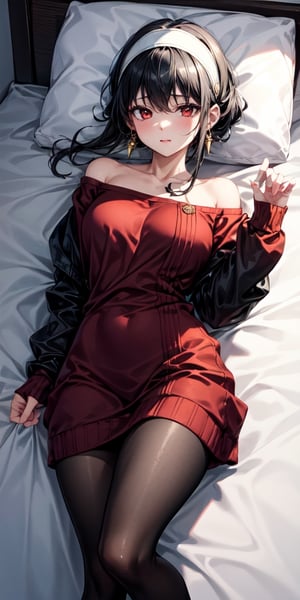 best quality, masterpiece, highres, 1girl, solo, bbyorf, short hair with long locks, white hairband, red eyes, gold earrings, large breasts, jewelry, off shoulder, red sweater, sweater dress, long sleeves, black pantyhose, , lying in bed, legs up, holding them with her hands, confused, , (dakimakura)
