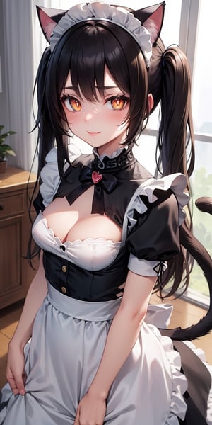 (best quality:1.1), (masterpiece:1.4), (absurdres:1.0), (cute illustration:1.4), portrait, 1girl, (cat ears:1.2), (cat tail:1.2), (intricate Maid Dress:1.4), maid, maid headdress, absurdly long hair, twintails, (slit pupils:1.4), (yellow eyes:1.1), black hair, huge mansion, (blush:1.2), (large eyes), looking at viewer, small breasts, bell collar, bright smile, (Directional lighting:1.2), detailed soft shadow,
