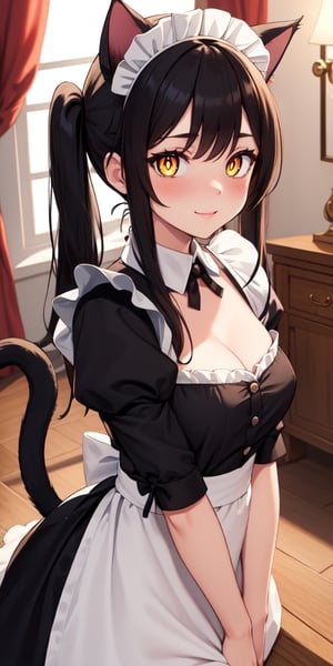 (best quality:1.1), (masterpiece:1.4), (absurdres:1.0), (cute illustration:1.4), portrait, 1girl, (cat ears:1.2), (cat tail:1.2), (intricate Maid Dress:1.4), maid, maid headdress, absurdly long hair, twintails, (slit pupils:1.4), (yellow eyes:1.1), black hair, huge mansion, (blush:1.2), (large eyes), looking at viewer, small breasts, bell collar, bright smile, (Directional lighting:1.2), detailed soft shadow,
