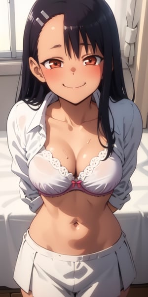 masterpiece, best quality, high resolution, smile, nagatoro hayase, from above,illustration,1girl, looking at viewer, light smile, (breast focus), (arms behind back:1.2), medium breasts, (breasts out:1.2), bra, panties, midriff, collarbone, bedroom, sweat
