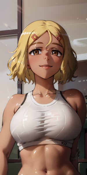 best quality, (masterpiece: 1.2), detailed, perfect face, beautiful face, Sakura, blonde hair, 1 girl, hair ornament, smile, alone, hairpin, short hair, brown eyes, dark skin, ((female body perfect)), upper body, haori, portrait, looking at viewer,  (from below:1.3) ,High detailed, sports bra,perfecteyes