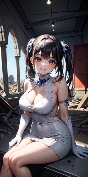 (masterpiece, best quality:1.5),,hestiadef,twintails,large breasts,white dress,white gloves,1girl,solo,looking at viewer,church,(ruins:1.3),(indoors:1.2),(seductive smile:1.3),sitting,