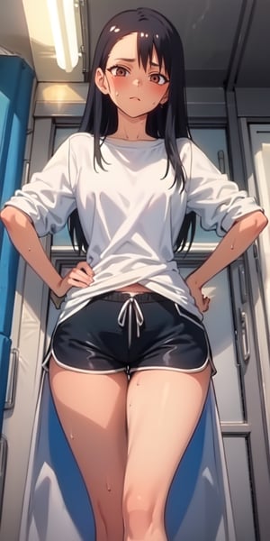 master piece, 1girl, dolphin shorts, black shorts, oversized shirt, long shirt, from below, sweat, masterpiece, best quality, highly detailed, big thighs, wide hips, hands on hip