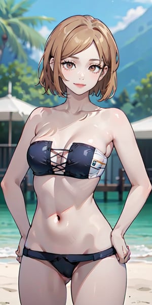 ((best quality)), ((highly detailed)), masterpiece, ((official art)), detailed face, beautiful face, (detailed eyes, deep eyes), (cowboy photo), nobara kugisaki, brown eyes, white bikini, medium chest, smile, landscape, outdoor, beach, intricately detailed, hyper detailed, blurred background, depth of field, best quality, masterpiece, intricate details, standing, upper body, (from bottom: 1.5) , ripped pussy, hands on hips, curves, nsfw, tone mapping, sharp focus, hyper detailed, Trending on Artstation, 1 girl, high resolution, cross lace bikini