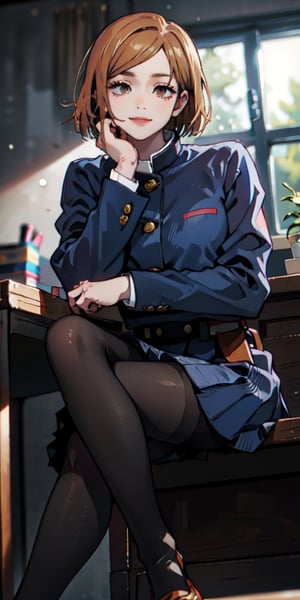 ((best quality)), ((highly detailed)), masterpiece, ((official art)), detailed face, beautiful face, (detailed eyes, deep eyes), (cowboy photo), nobara kugisaki, brown eyes, jujutsu kaisen, school uniform, blue jacket, blue skirt, brown belt, pantyhose, evil smile, (from below:1.3), leaning landscape, interior, window, intricately detailed, hyper detailed, blurred background, depth of field, best quality, masterpiece, intricate details, tone mapping, sharp focus, hyper detailed, trending on Artstation, 1 girl, sideways, high resolution, official art, nobara kugisaki, portrait, sitting, looking at viewer, sitting at desk, left arm on leg, right hand on face, head resting on right hand, legs crossed, head tilted, SAM YANG